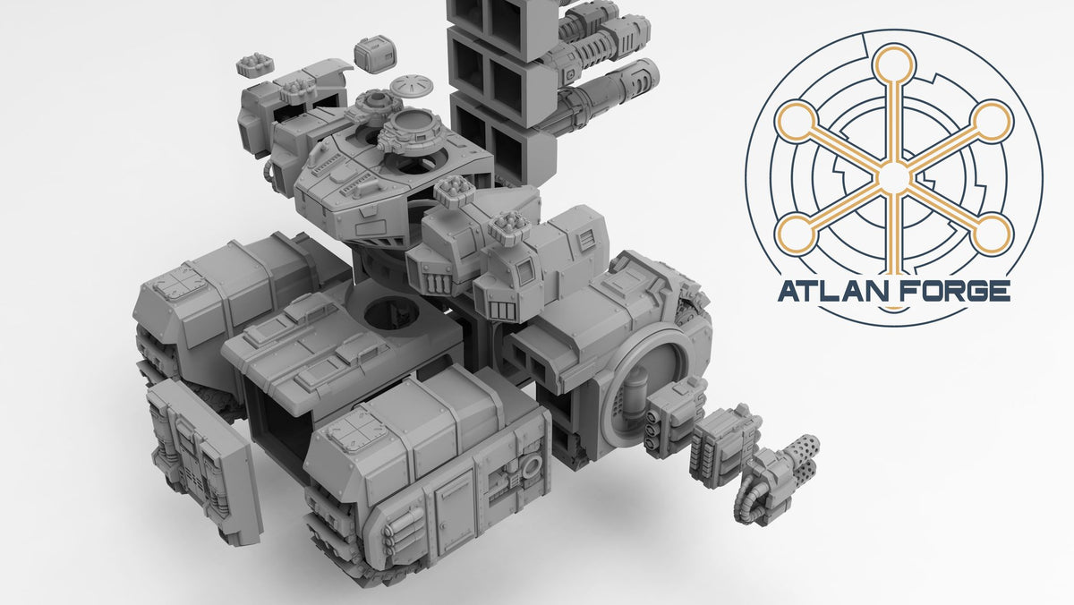 Overhead exploded view displaying all hull panels, sponson weapons and turret sub-assemblies