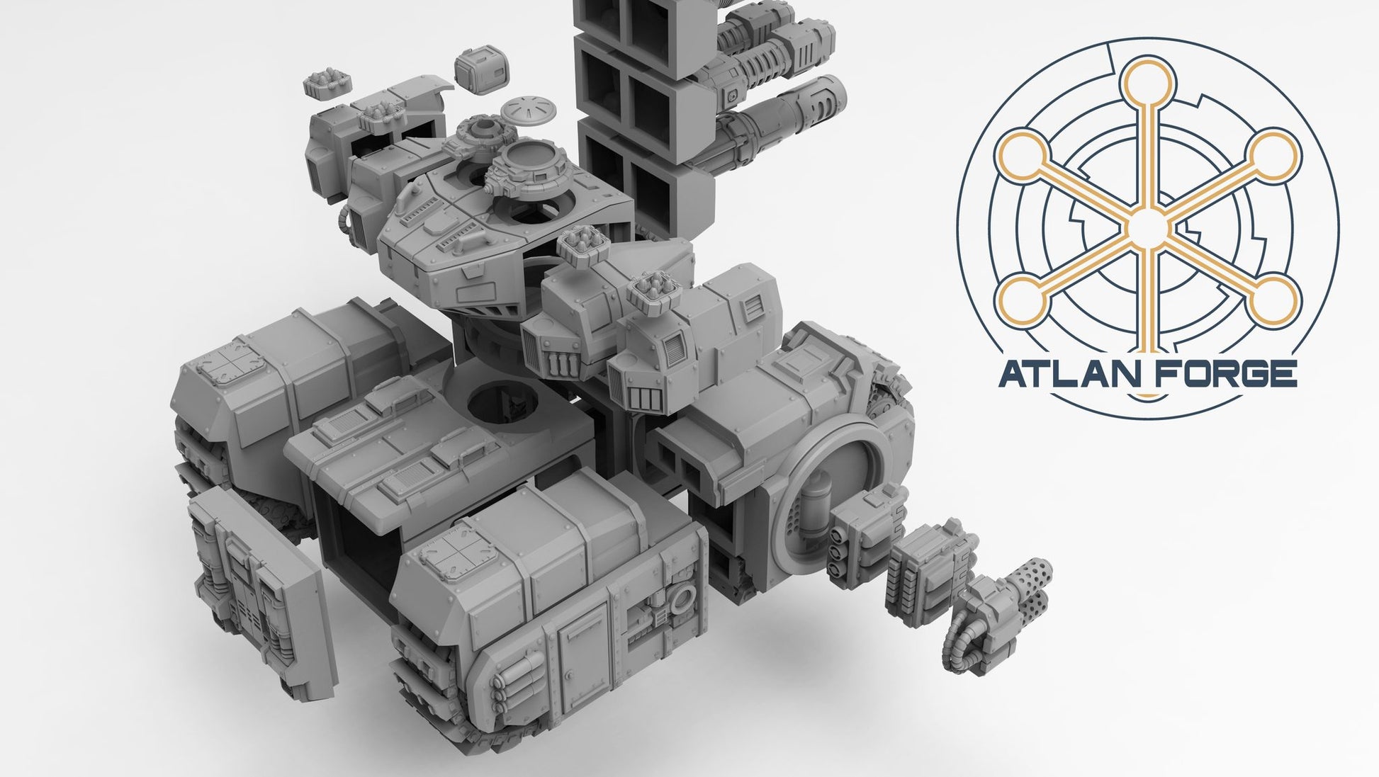 Overhead exploded view displaying all hull panels, sponson weapons and turret sub-assemblies
