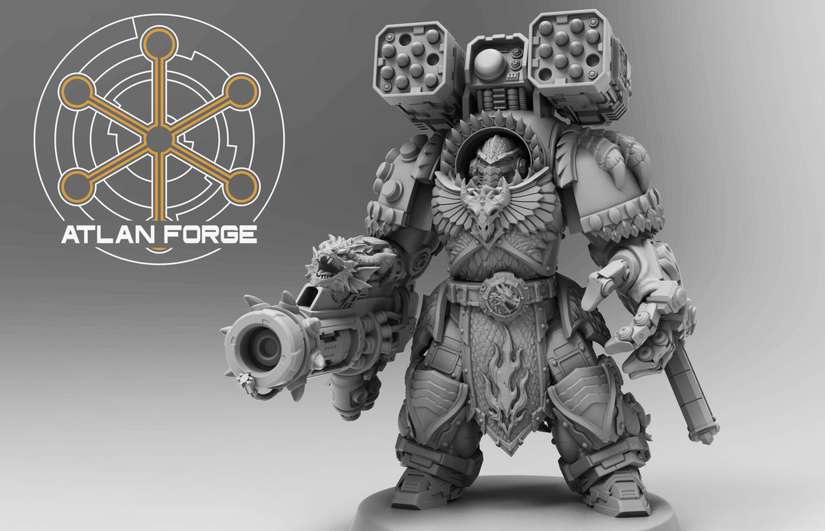 Studio grey background render of the missile battery warrior showing full armour and dragon motifs