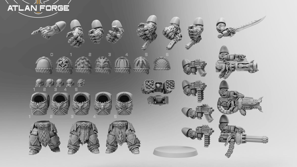 Full parts layout showing all shoulder pads, torsos, heads, arms, weapons, and base options in the set