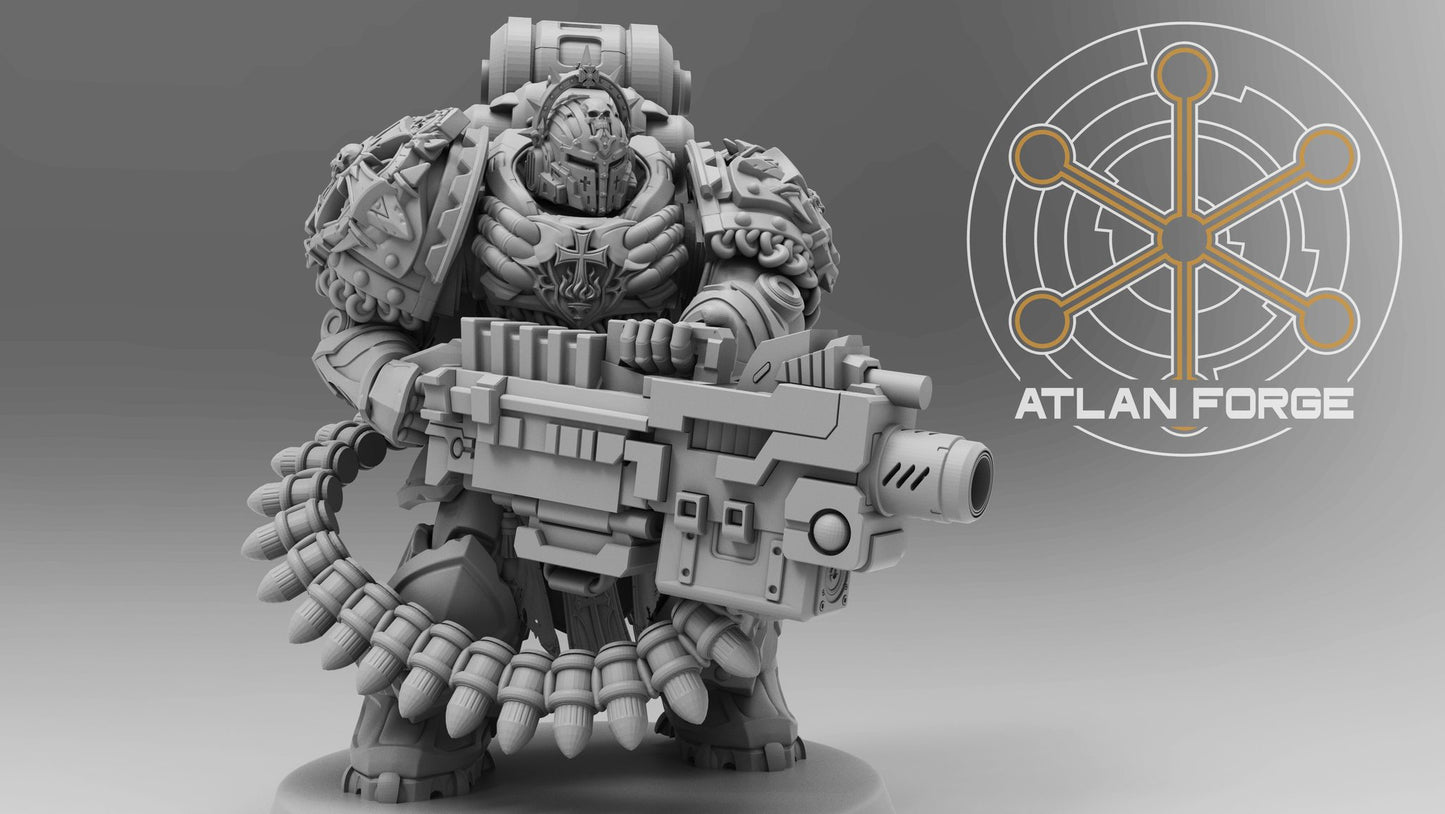 Rear three-quarter view of heavy crusader showing backpack detail and armour panel layering