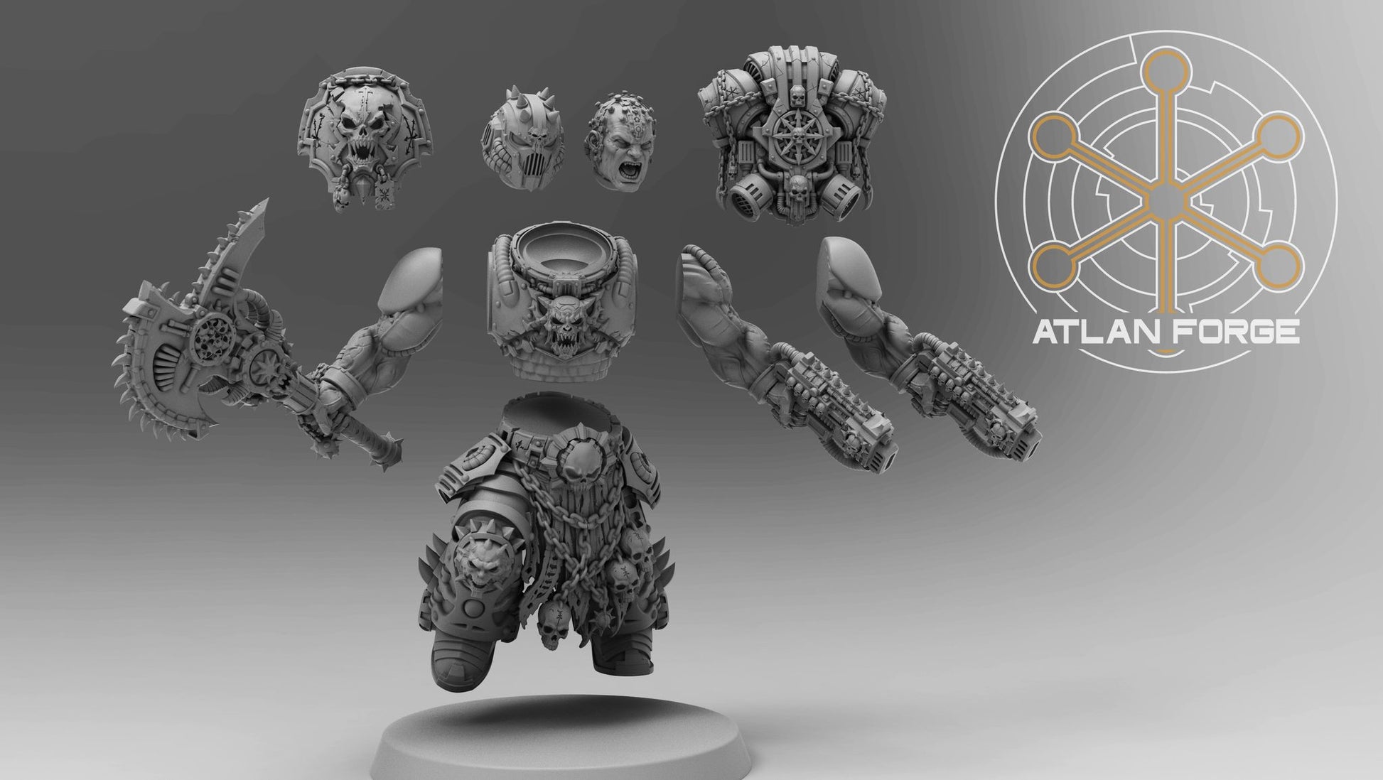 Exploded parts layout showing three head options, two arm assemblies, backpack and lower body for the modular kit