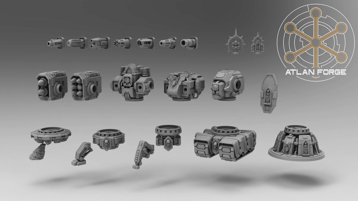 Exploded parts layout showing turret heads, weapon barrels, leg assemblies, and decorative toppers for the full kit