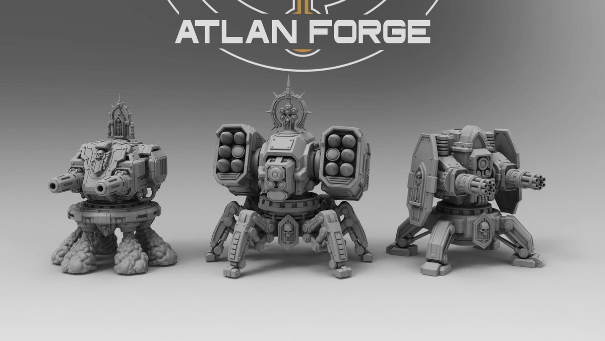 Three primary sentry gun variants side by side: hovering platform, spider-leg missile carrier, and biped walker