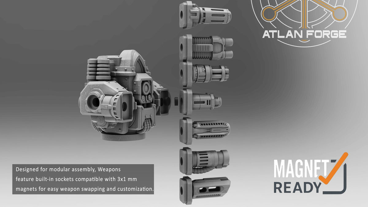 Close-up of weapon barrel options and magnet socket compatibility for modular weapon swapping