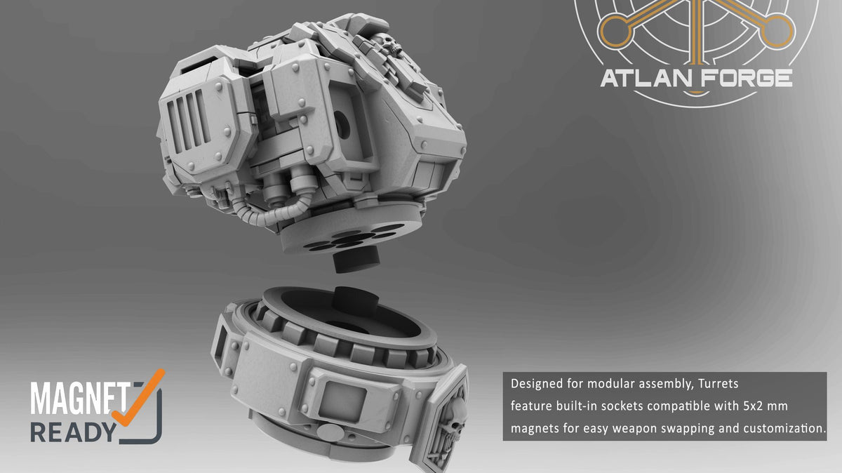 Turret body and ring assembly exploded view showing 5x2mm magnet socket positions for interchangeable turret heads