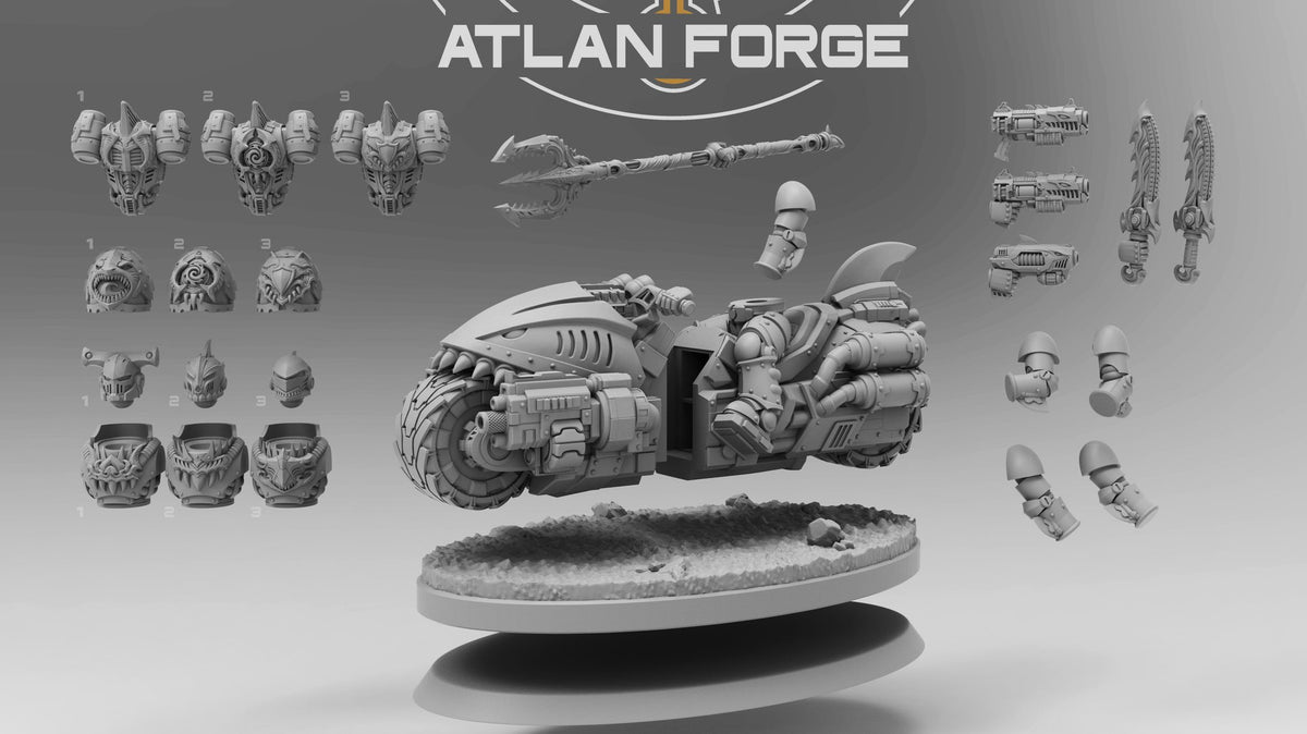 Parts layout showing all modular torso, helmet, head, weapon, and arm options included in the kit