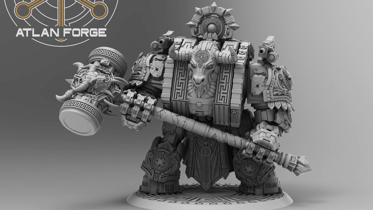 Front three-quarter clean studio render showing hammer variant with meander-pattern armour and sun halo clearly lit