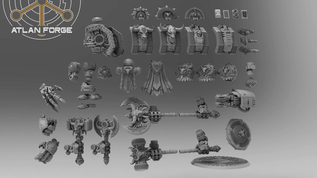 Flat lay parts spread showing all included components: torso variants, weapons, arm options, shoulder pads and base