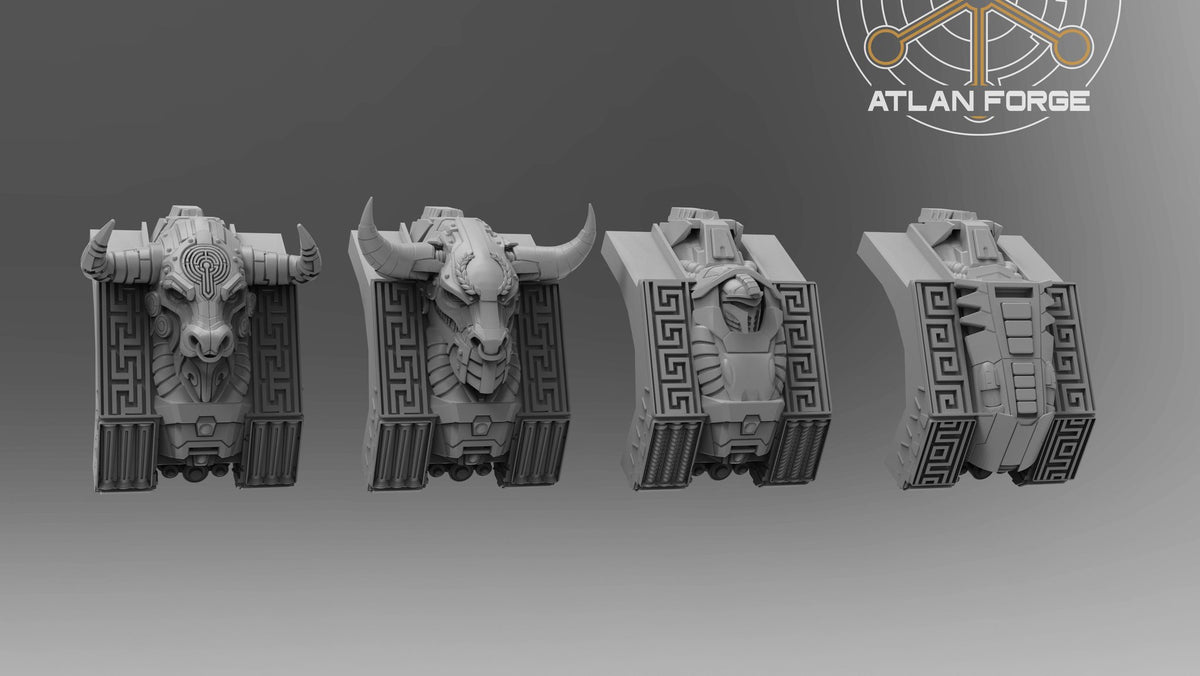 Close-up of four chest panel variants side by side: mechanical bull head, organic bull head, helmeted pilot relief and plain armoured panel