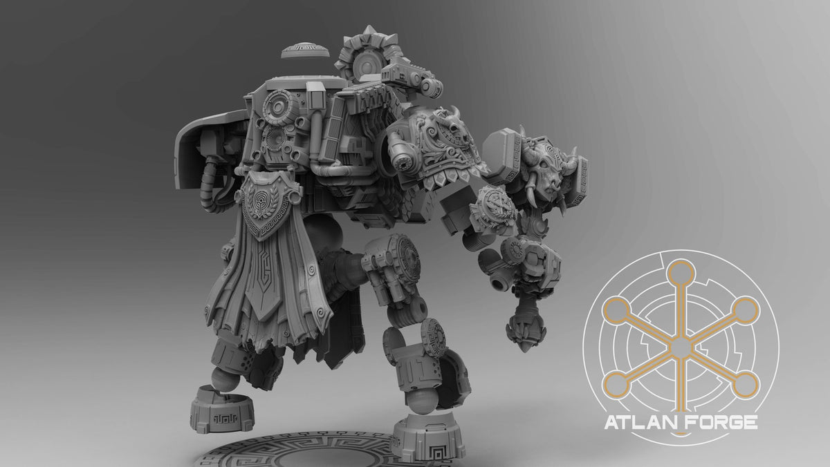 Rear full-body studio render showing dynamic walking pose, back-mounted weapon array and cloak detail
