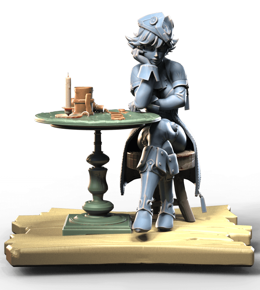 Pirate bar girl sitting on stool at a table contemplating over a beer