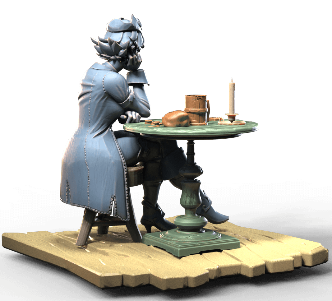 Pirate bar girl sitting on stool at a table contemplating over a beer