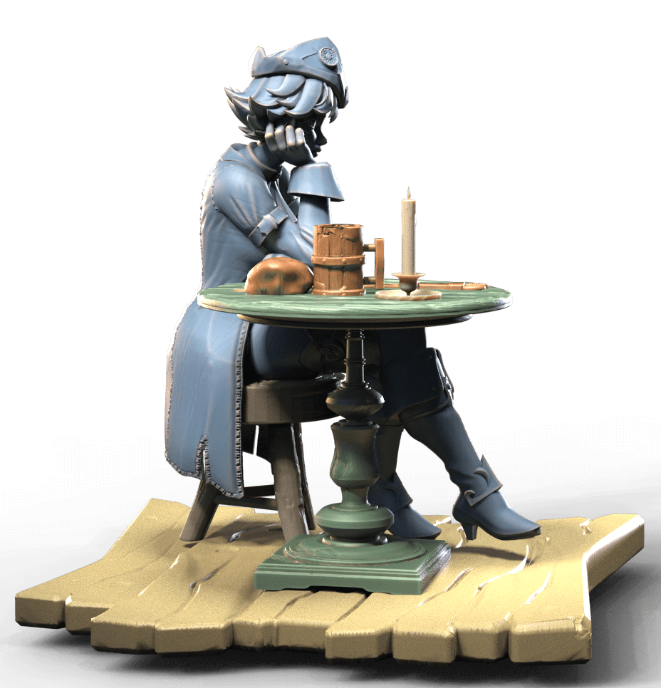 Pirate bar girl sitting on stool at a table contemplating over a beer