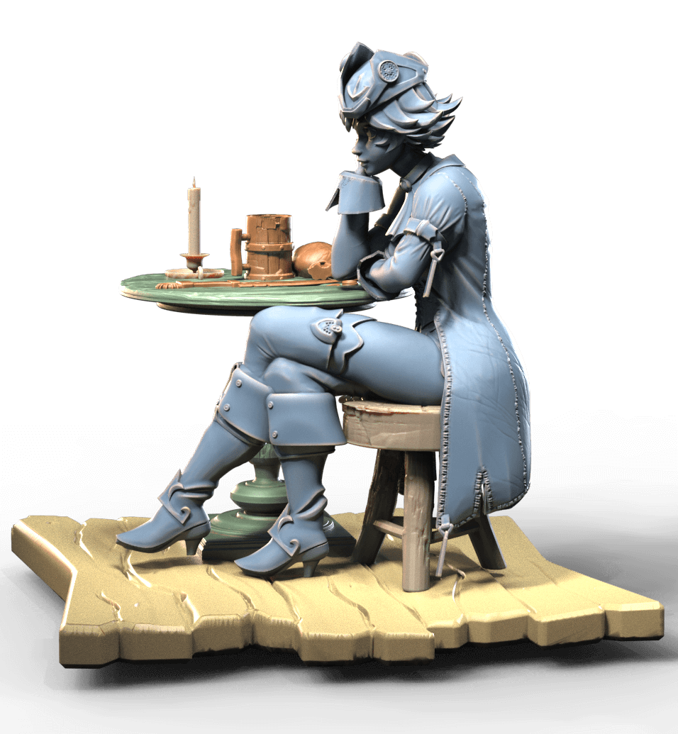 Pirate bar girl sitting on stool at a table contemplating over a beer