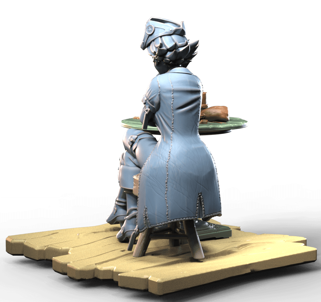 Pirate bar girl sitting on stool at a table contemplating over a beer