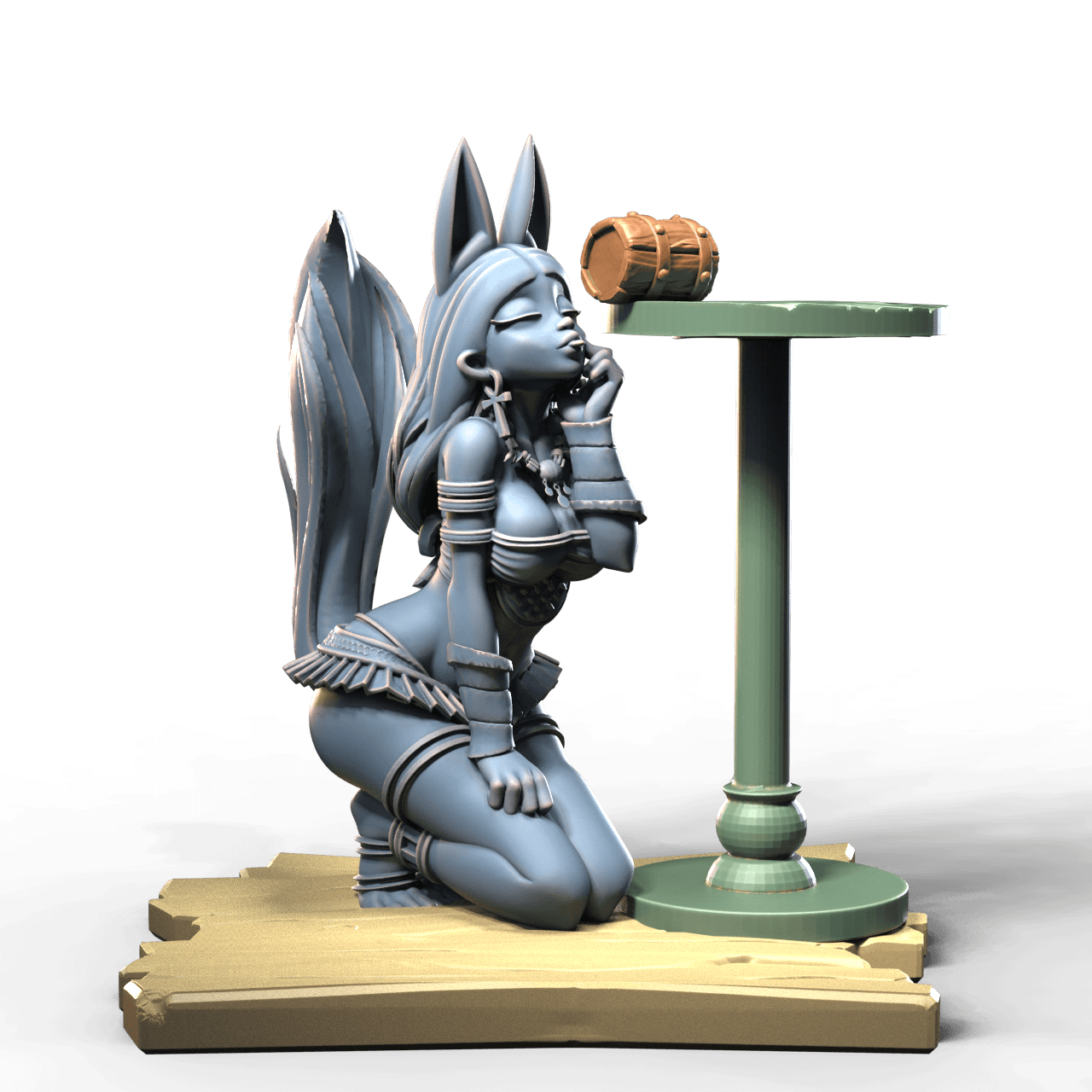 Fox girl on knees drinking beer from tankard on table