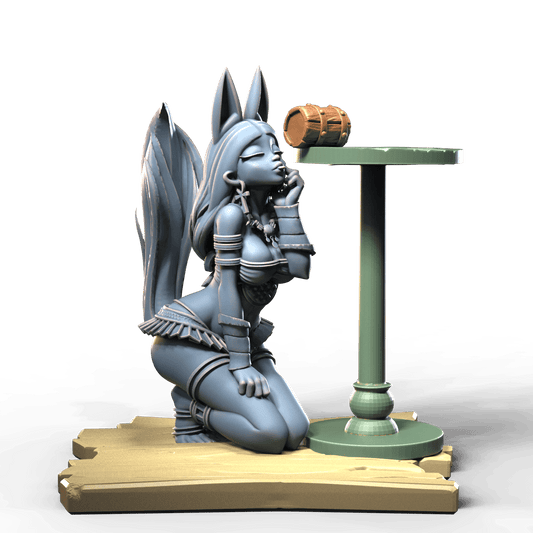 Fox girl on knees drinking beer from tankard on table