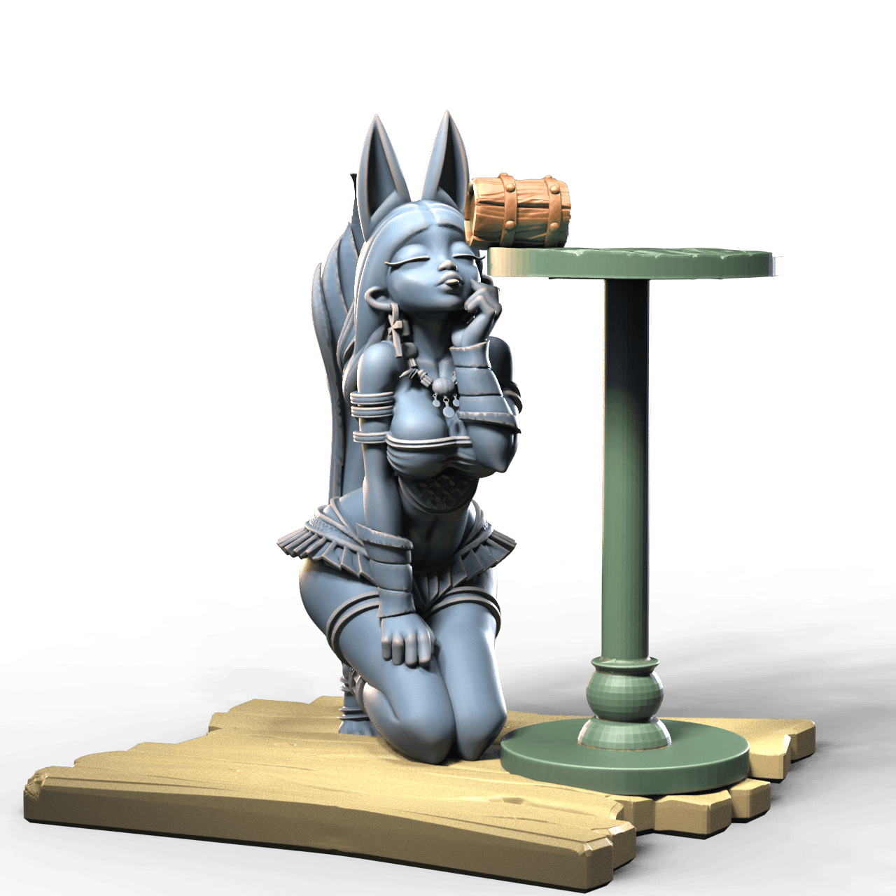 Fox girl on knees drinking beer from tankard on table