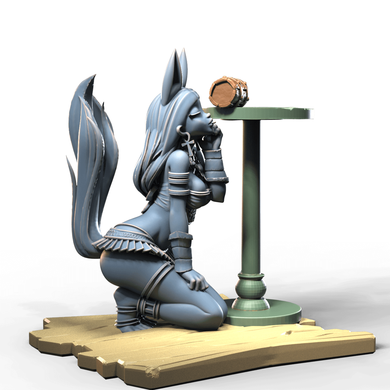 Fox girl on knees drinking beer from tankard on table