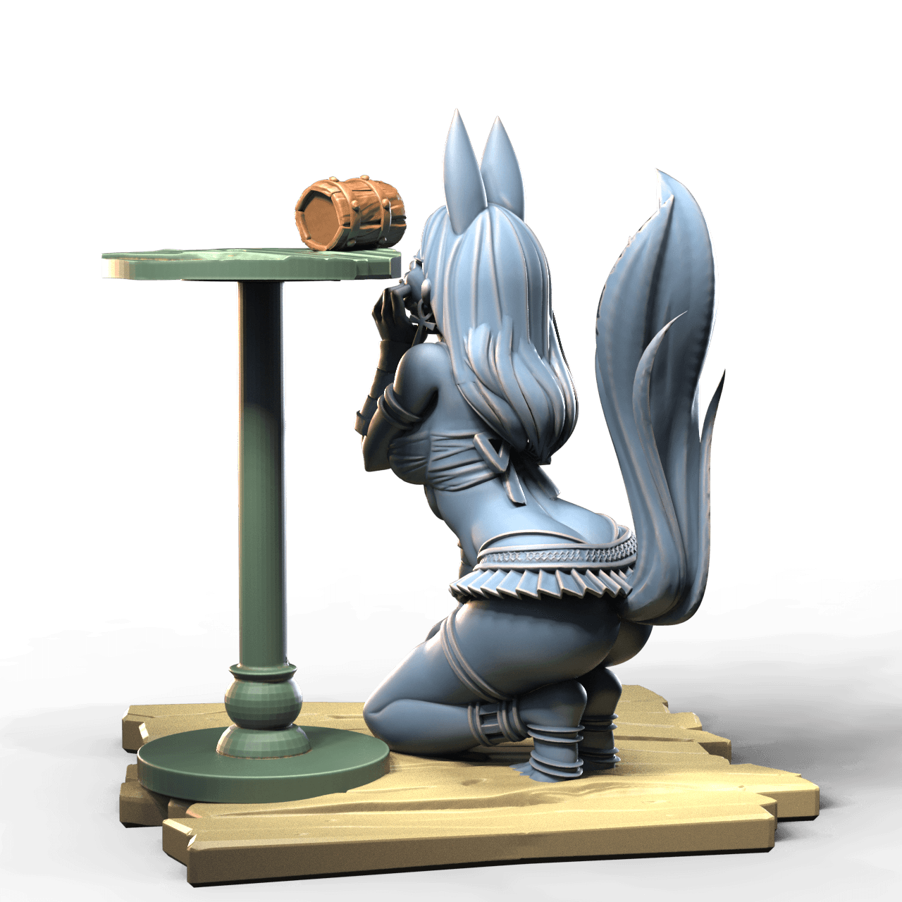 Fox girl on knees drinking beer from tankard on table