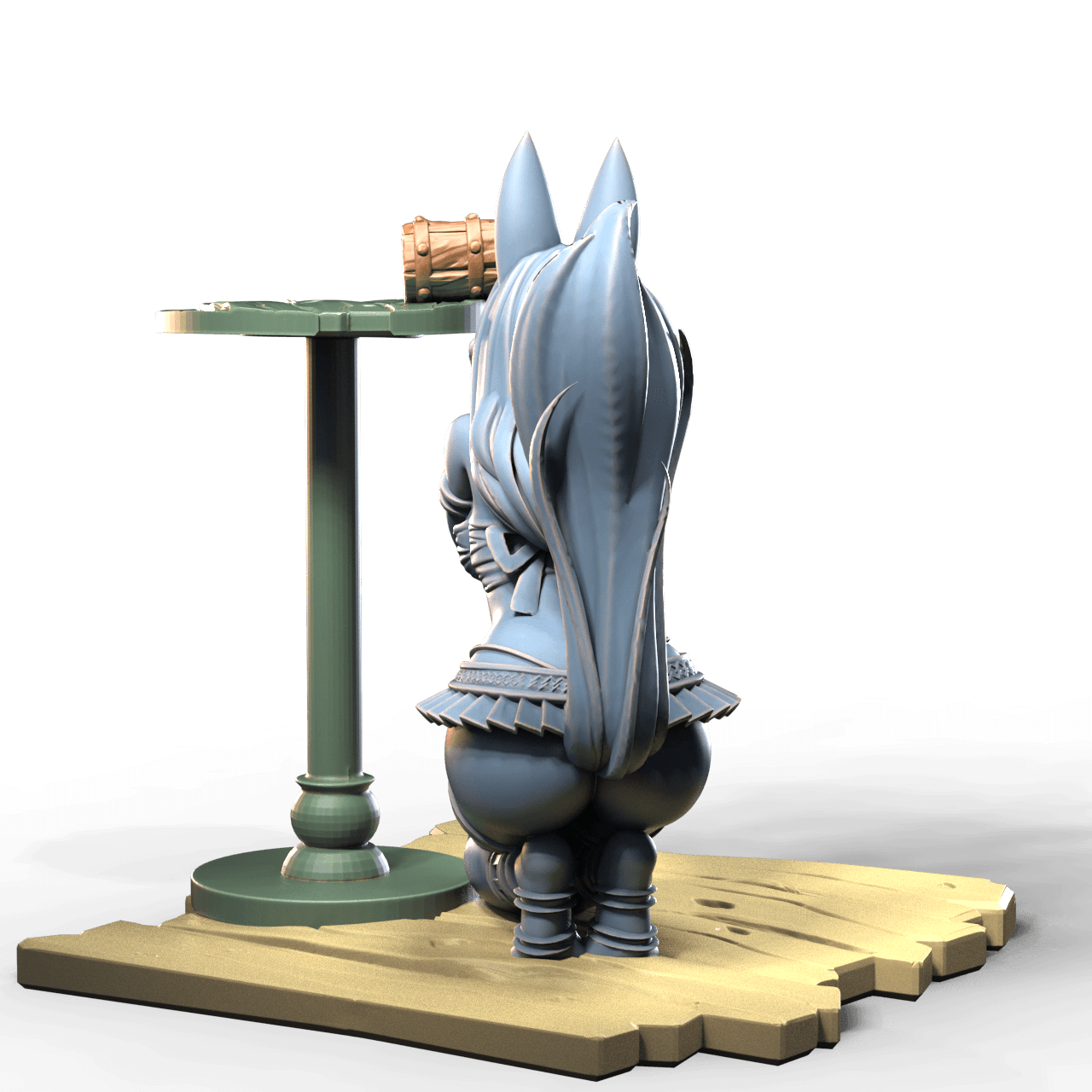 Fox girl on knees drinking beer from tankard on table