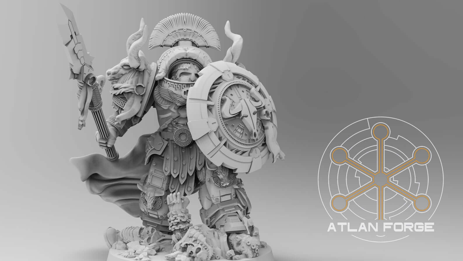 Minoan Myrmidon Captain – 32mm sci-fi warrior resin miniature with axe-spear and ornate shield