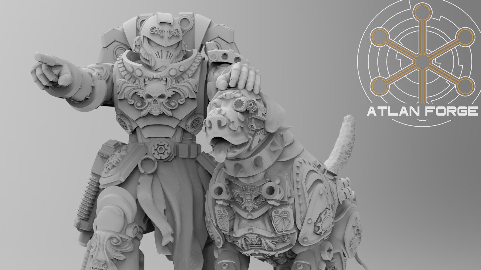 Close-up of handler chest and hound head showing skull iconography, scrollwork relief, and mechanical augments