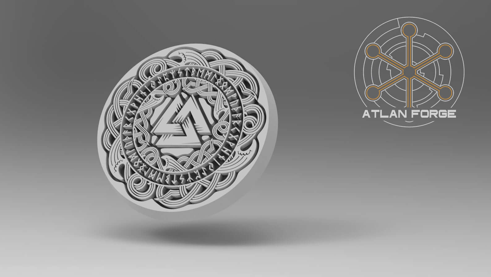 Asgardian Commander coin design by Atlan Forge, showcasing intricate patterns and logo, ideal for sci-fi tabletop gaming.
