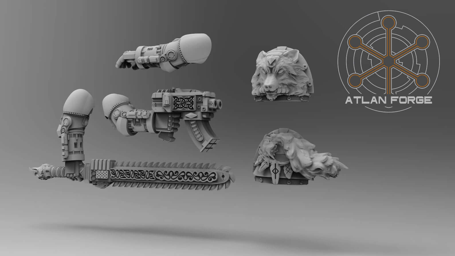 Asgardian Commander sci-fi miniatures by Atlan Forge including weapons and wolf head in grey resin.