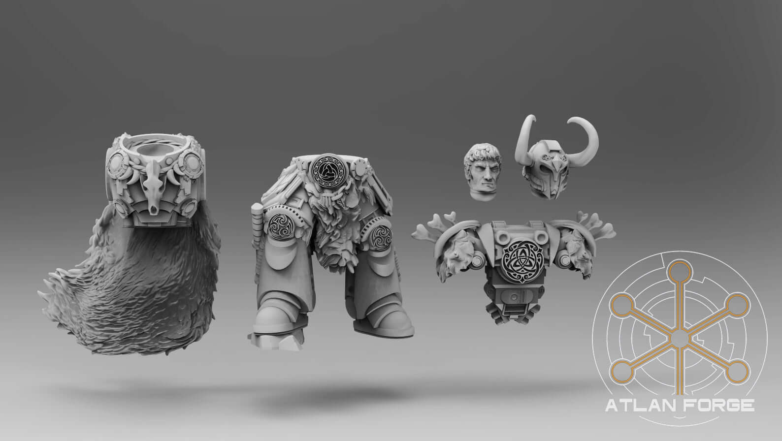 Asgardian Commander sci-fi miniature parts including cybernetic wolf and detailed warrior components by Atlan Forge.