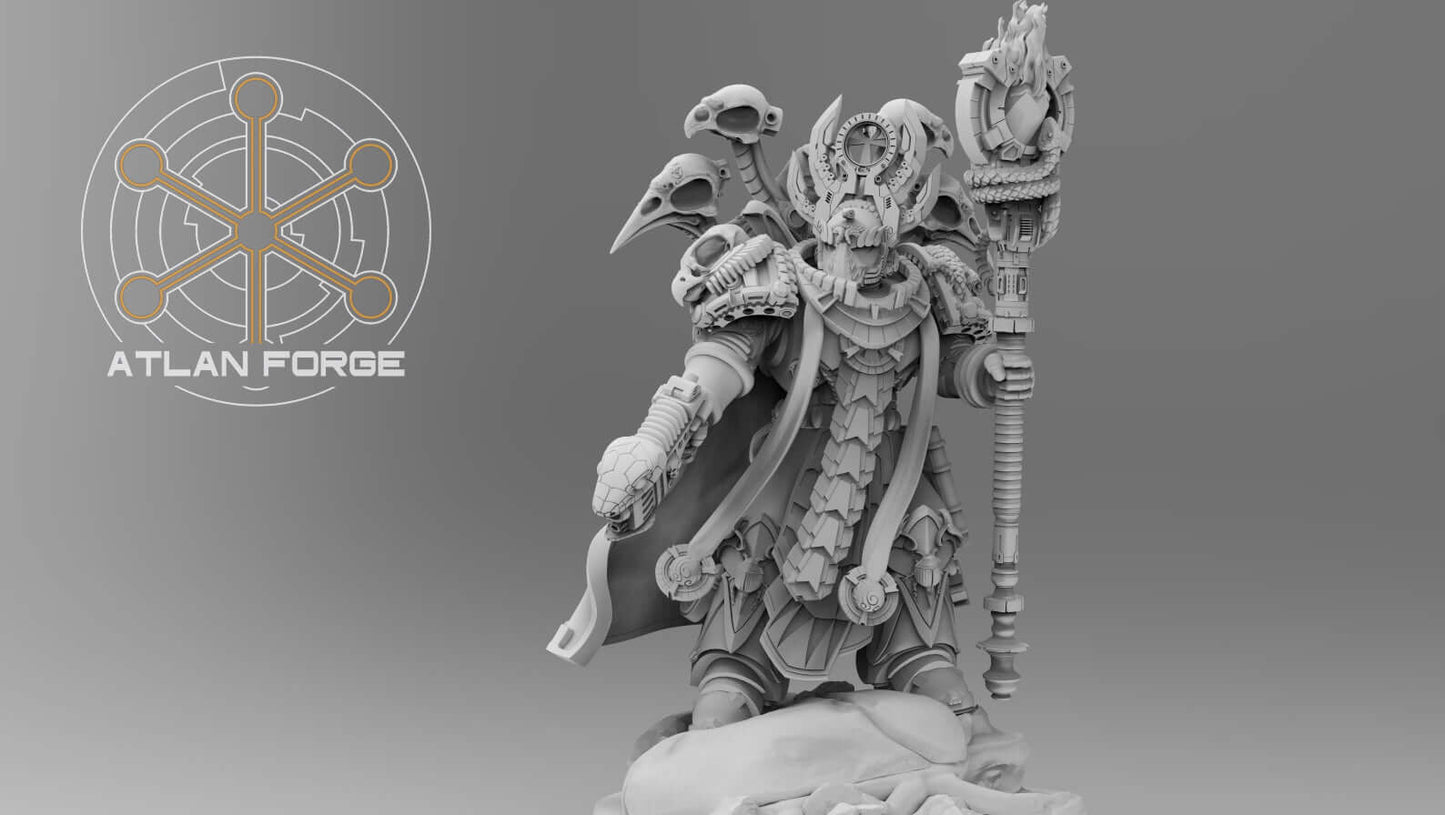 Aegyptian Ahyet Bahl, Archmage of Aegyptus - sorcerer miniature with servo-skulls, arcane tome, and serpent staff