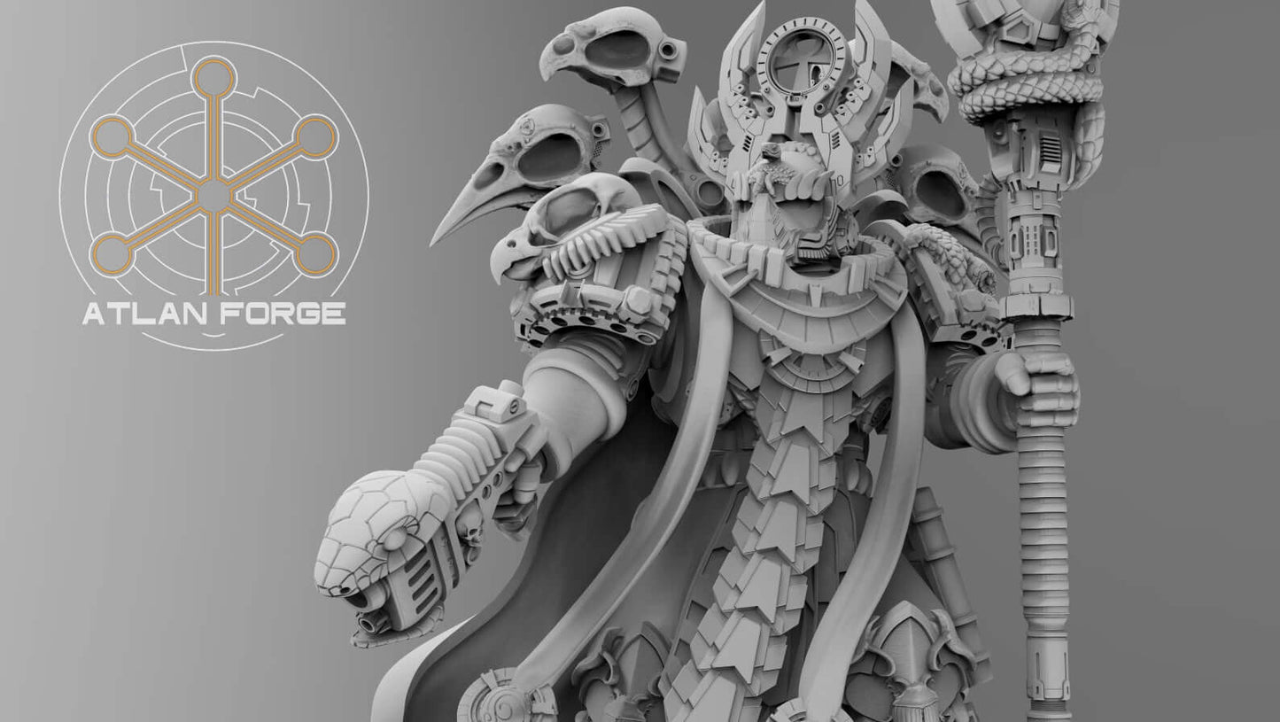 Aegyptian Ahyet Bahl, Archmage of Aegyptus - sorcerer miniature with servo-skulls, arcane tome, and serpent staff