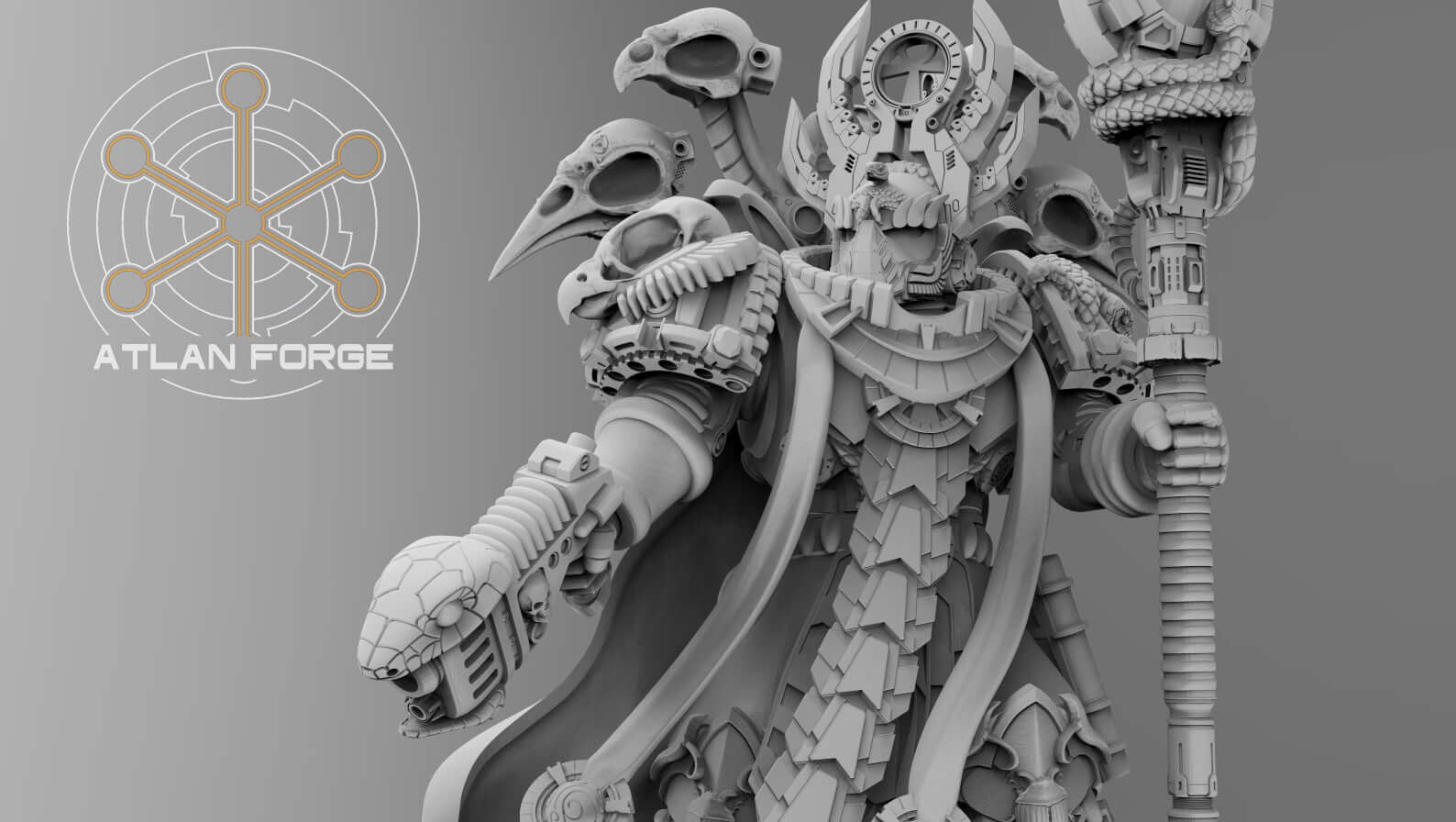 Aegyptian Ahyet Bahl, Archmage of Aegyptus - sorcerer miniature with servo-skulls, arcane tome, and serpent staff