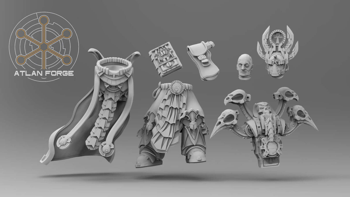 Aegyptian Ahyet Bahl, Archmage of Aegyptus - sorcerer miniature with servo-skulls, arcane tome, and serpent staff