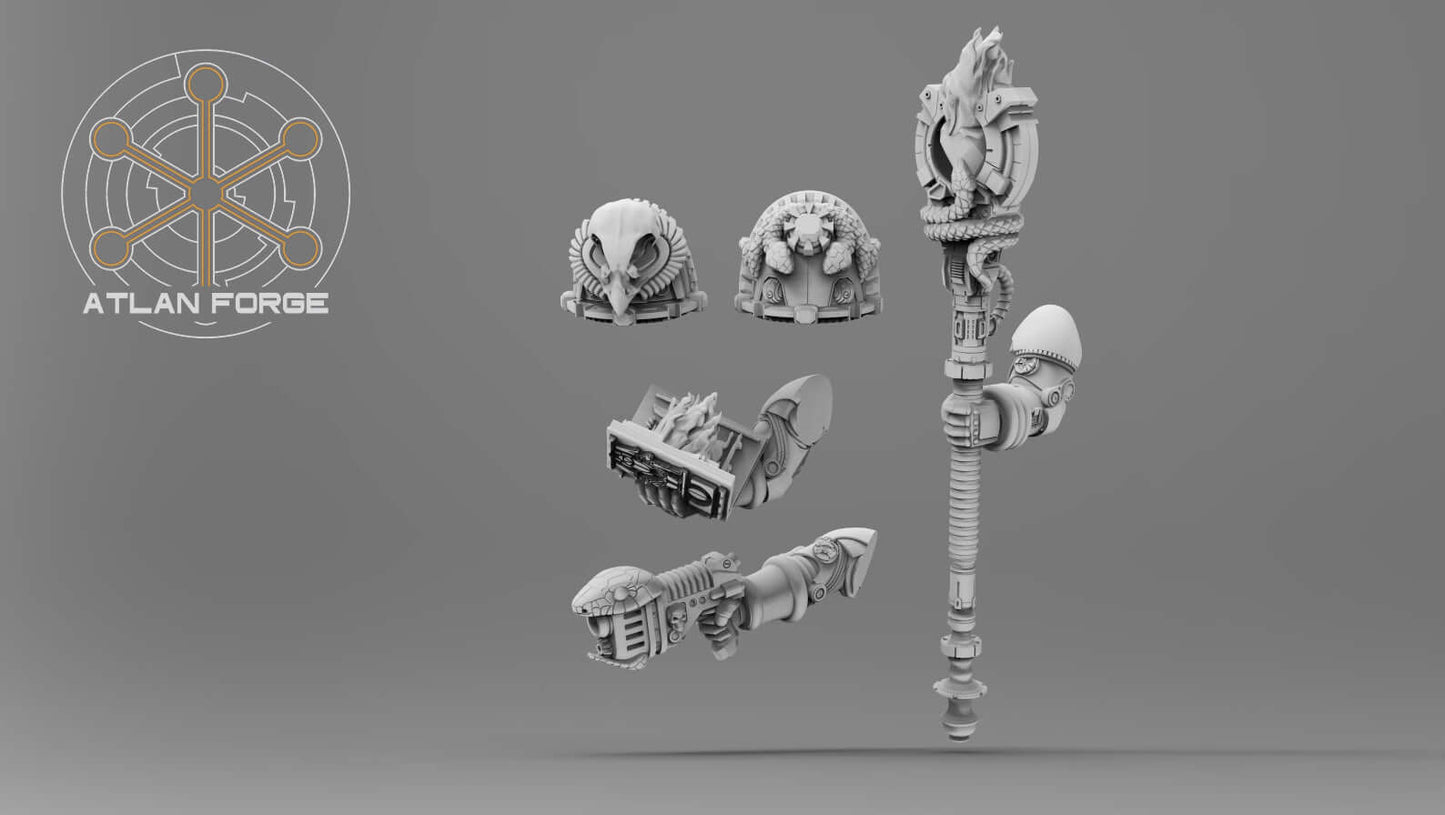 Aegyptian Ahyet Bahl, Archmage of Aegyptus - sorcerer miniature with servo-skulls, arcane tome, and serpent staff
