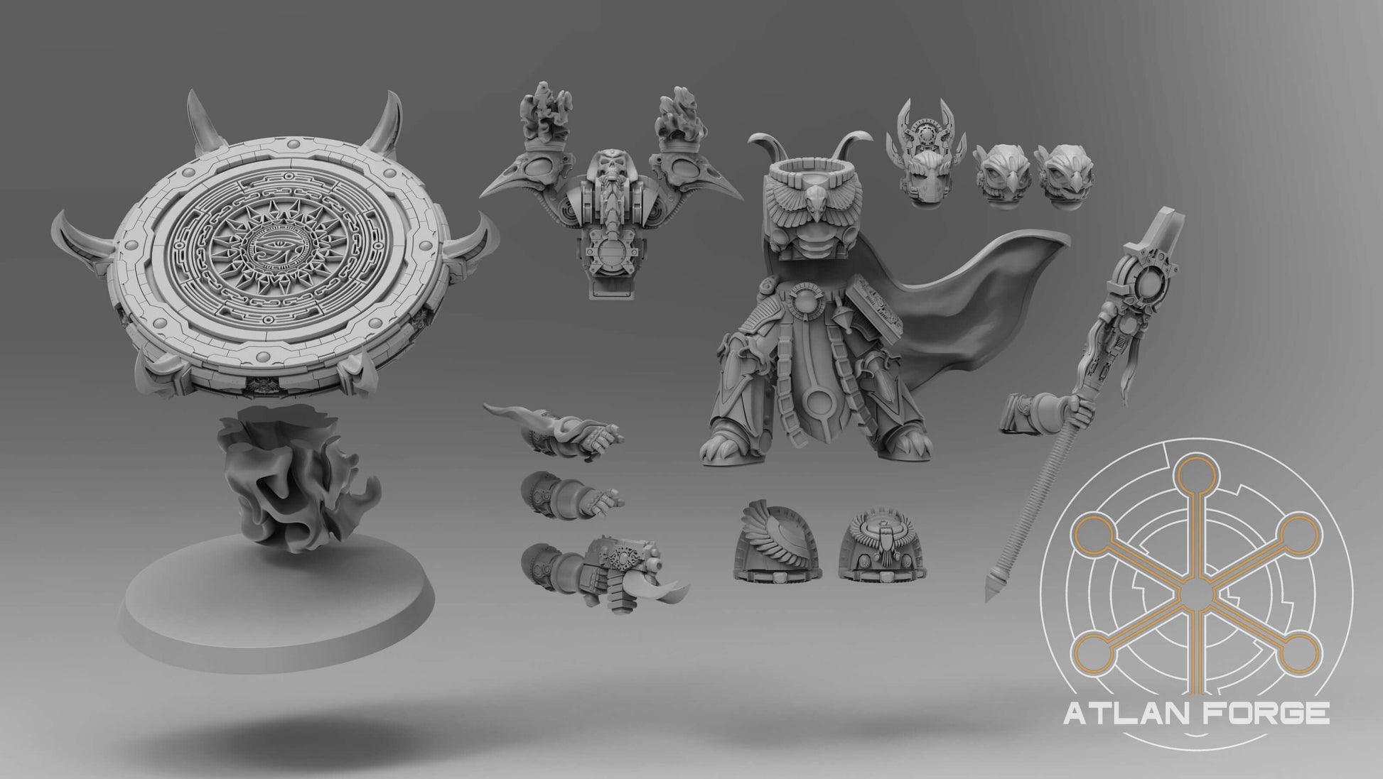 High-quality grey resin 32mm Aegyptus Arcane Master proxy miniature with ornate base and weapon options, designed by Atlan Forge for sci-fi tabletop games.