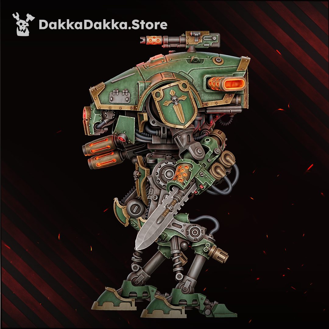 Side profile view of painted Rangermech Fightermech showing carapace heraldry, thermal lance, and blade arm