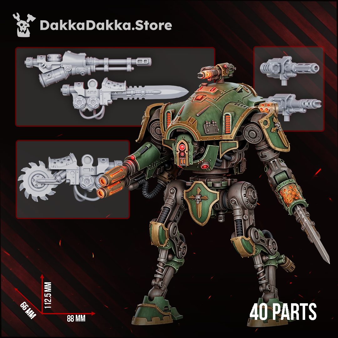 Painted Squire Rangermech Fightermech front view with weapon options inset and dimensions labelled