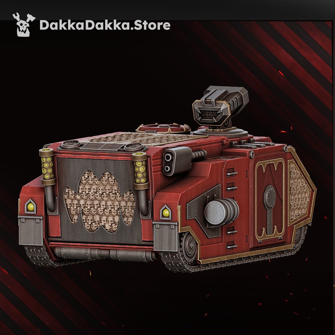 Painted version rear three-quarter view showing skull relief side panels, brass trim and rocket launcher in crimson scheme