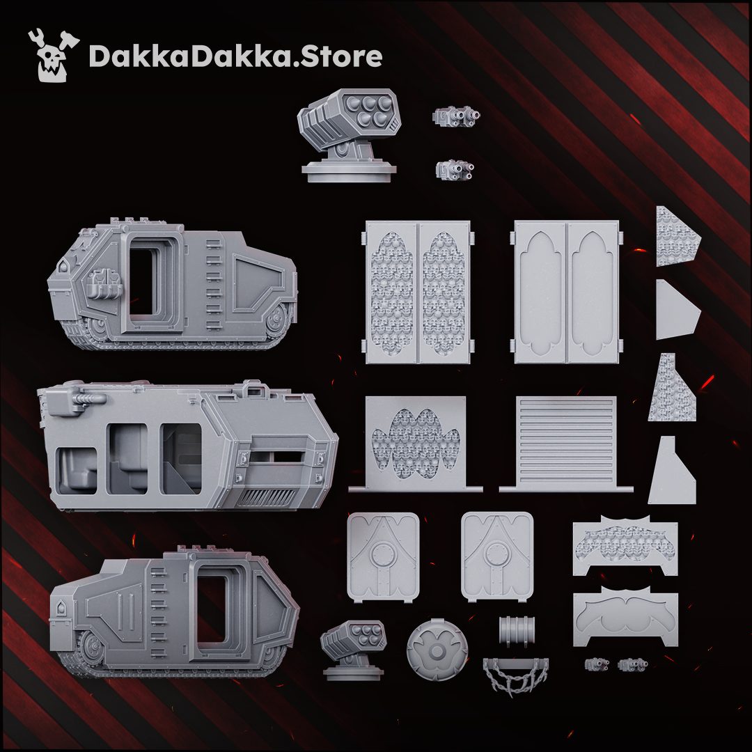 Flat lay of all 21 grey resin parts including hull sections, door panel variants, turret and weapon accessories