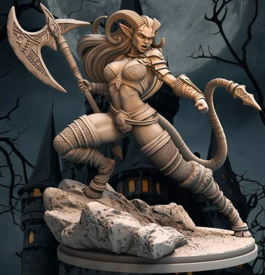 Verilia Nighthorn figurine, 80mm fantasy RPG character with axe, detailed design for Dungeons & Dragons, Grey resin model.